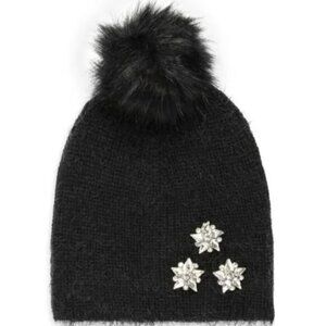 NEW Vince Camuto Embellished Faux Fur Pom Pom Standard Beanie Black